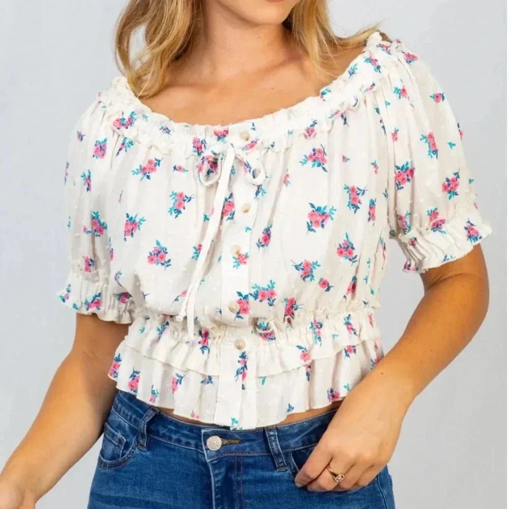 White‎ Birch Floral Peplum Blouse Womens Medium White